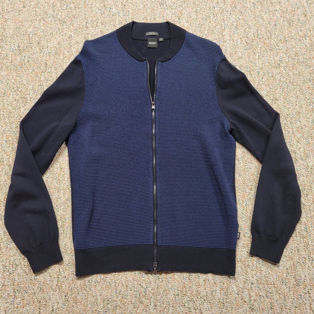 Hugo Boss Full Zip Cardigan Mens Size M Blue Cotton Wool Textured Bomber Sweater